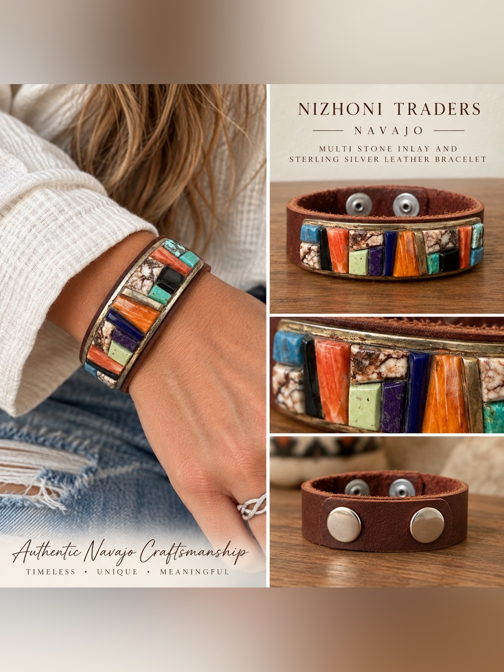 Nizhoni Traders Navajo Multi Stone Inlay And Sterling Silver Leather Bracelet